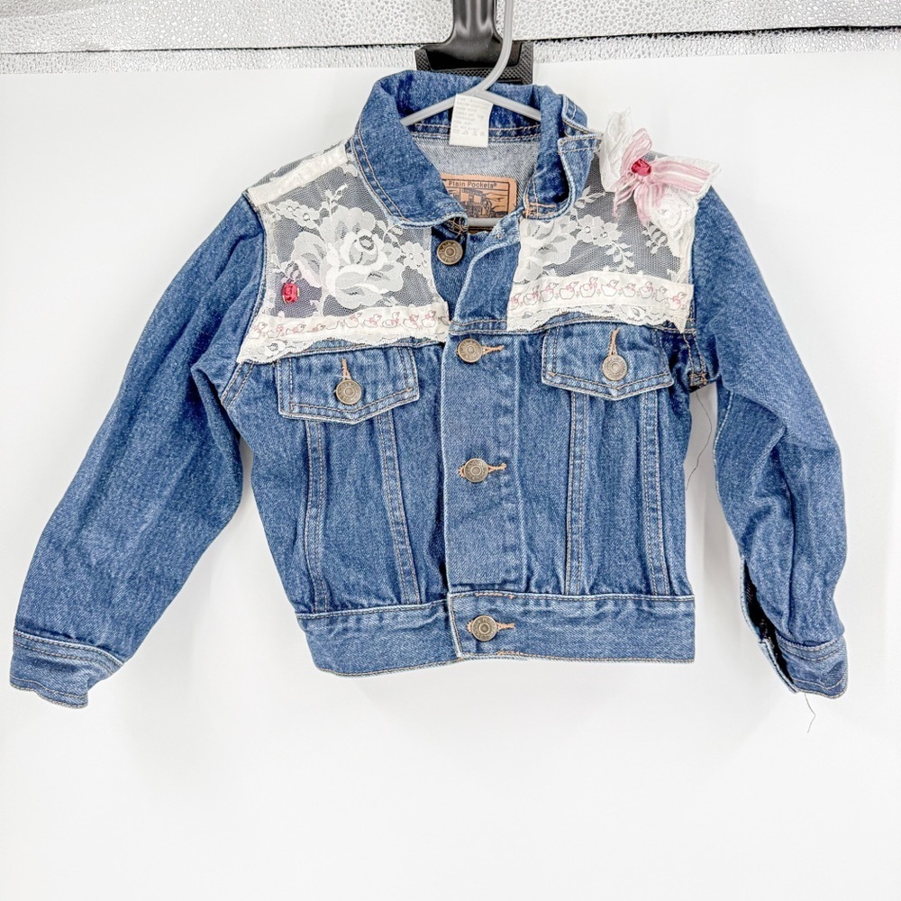 Vintage Blue and White Jean Jacket with Cropped Design